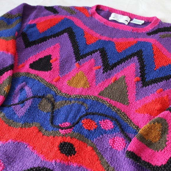 Vintage 80s purple and pink abstract knit sweater - Picture 3 of 6